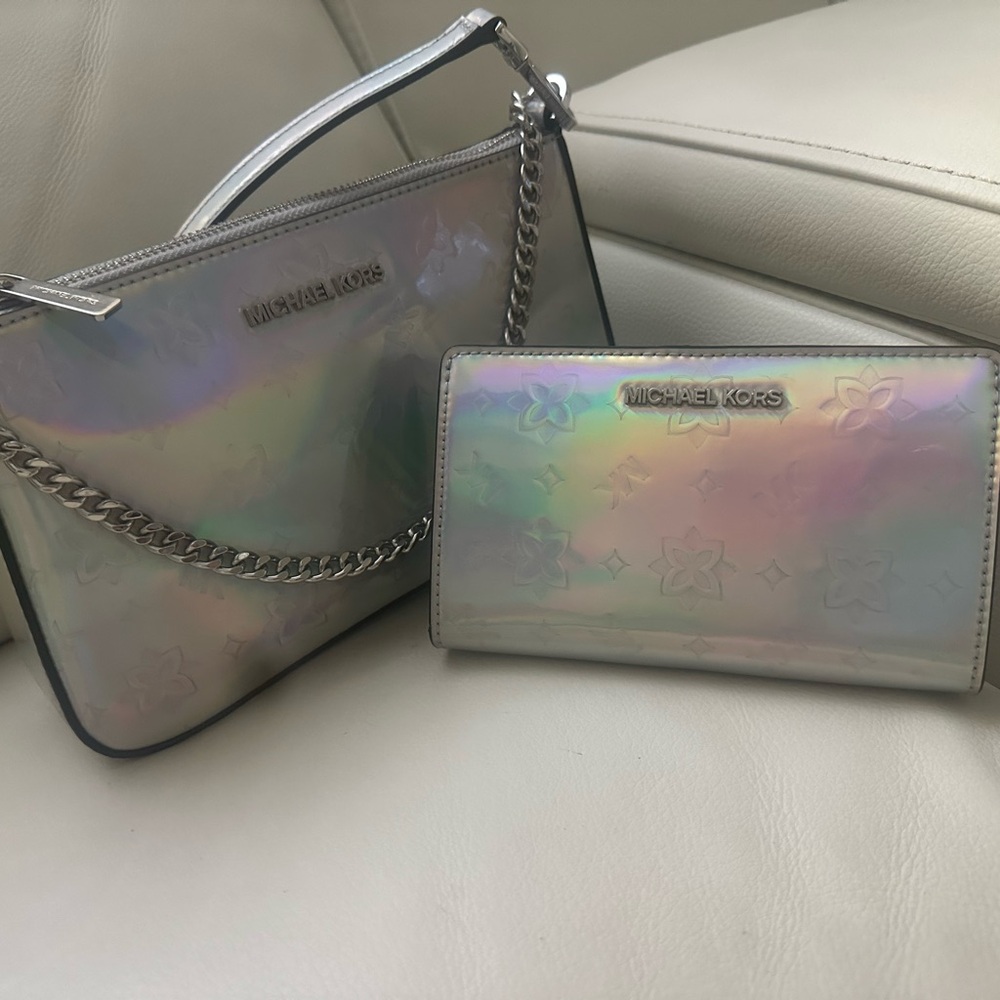 NWT Michael Kors holographic pouchette crossbody and Wallet Set